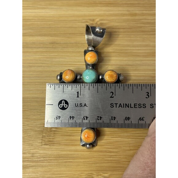 Chimney Butte Native American Sterling Cross Pendant Turquoise Spiney Oyster - Picture 9 of 9